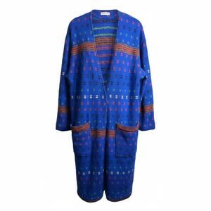 Vintage Blue Patterned Long Knit Cardigan Sweater with Pockets One Size XL 2X